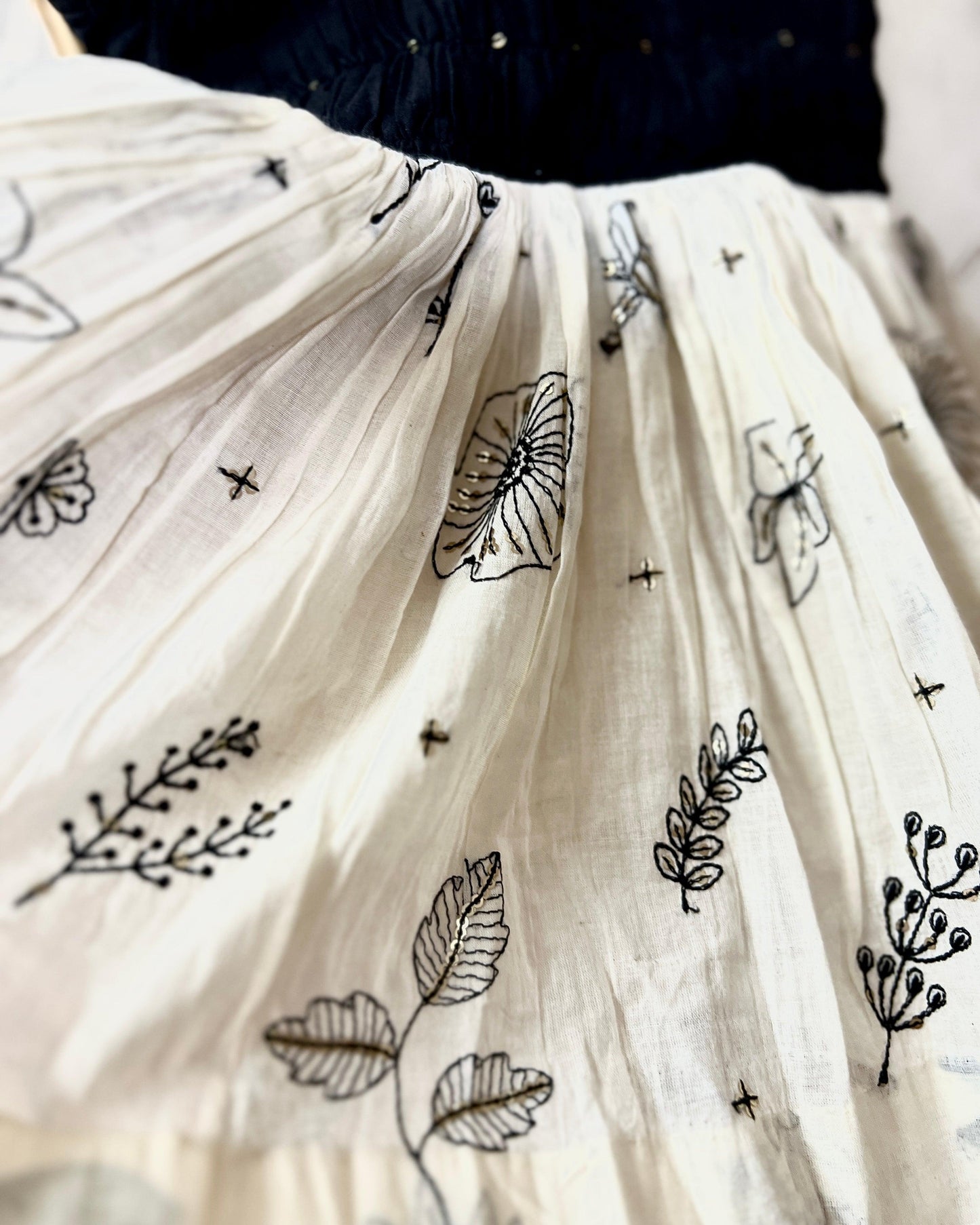 Black & Off-White Embroidered Mul Cotton Frock for Girls