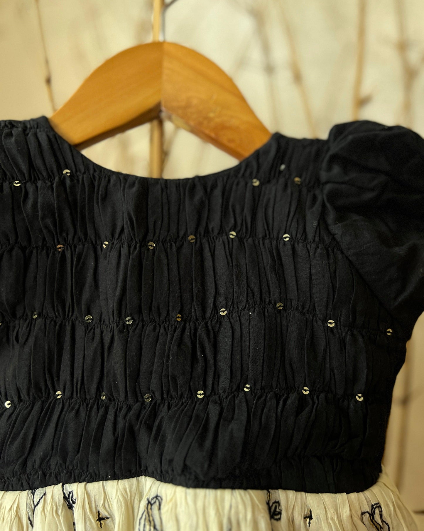 Black & Off-White Embroidered Mul Cotton Frock for Girls