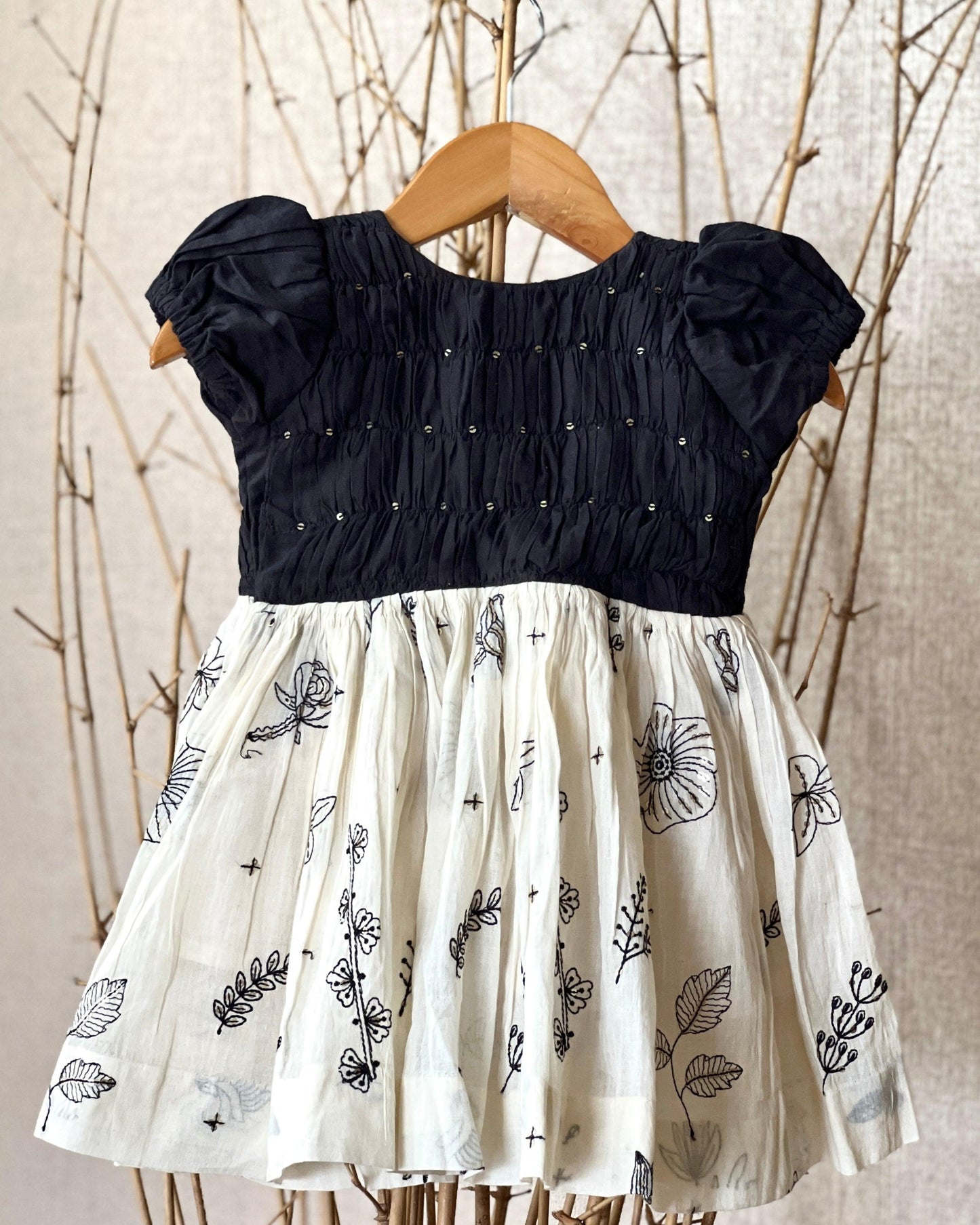 Black & Off-White Embroidered Mul Cotton Frock for Girls