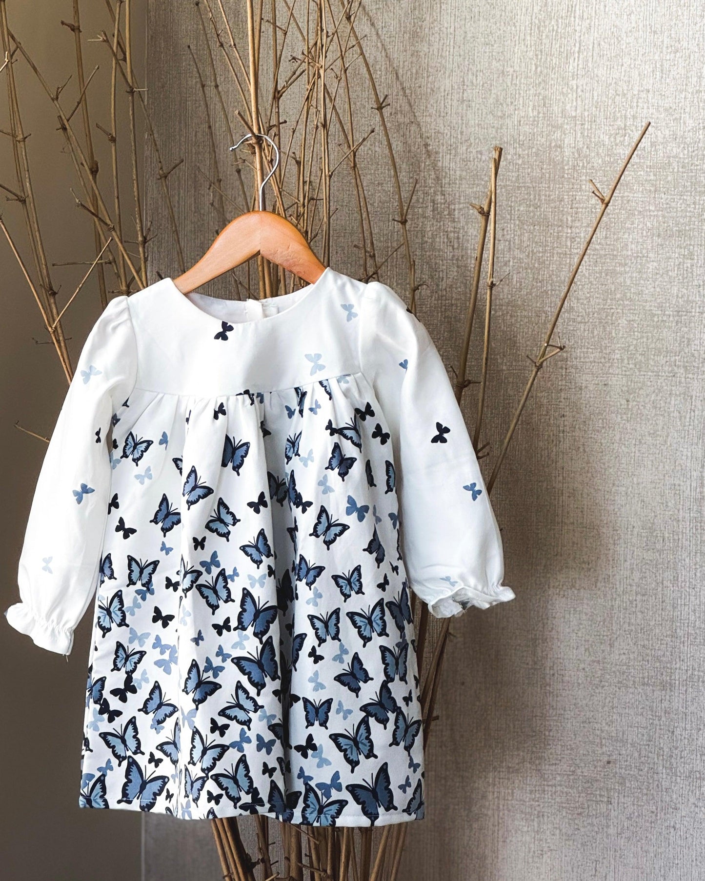 White & Blue Butterfly Print Cotton Dress for Girls