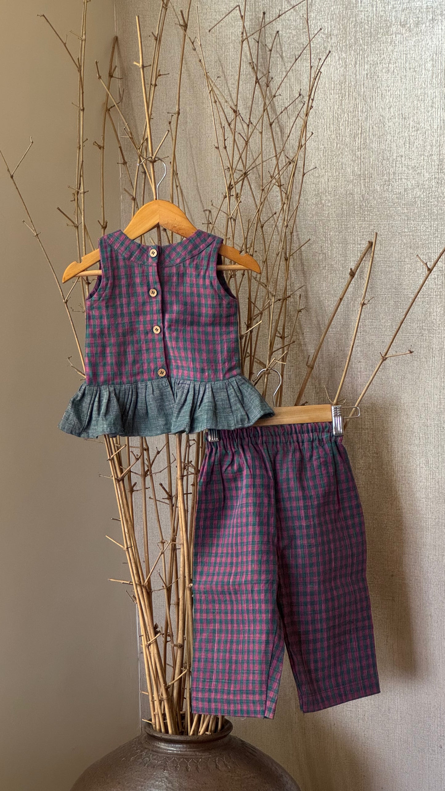 Checkered Khadi Handwoven Co-ord Set for Girls – Peplum Top & Straight Pants