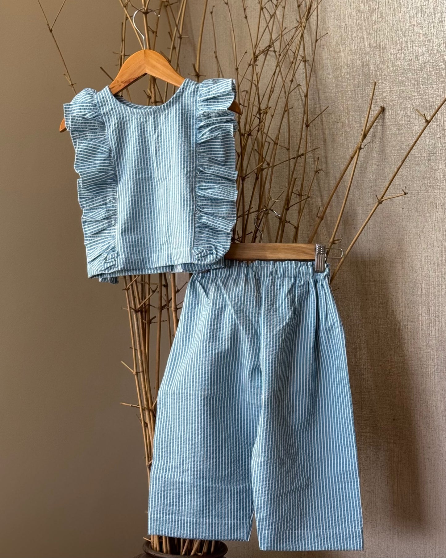 Light Blue Striped Cotton Co-ord Set for Girls – Ruffled Top & Straight Pants
