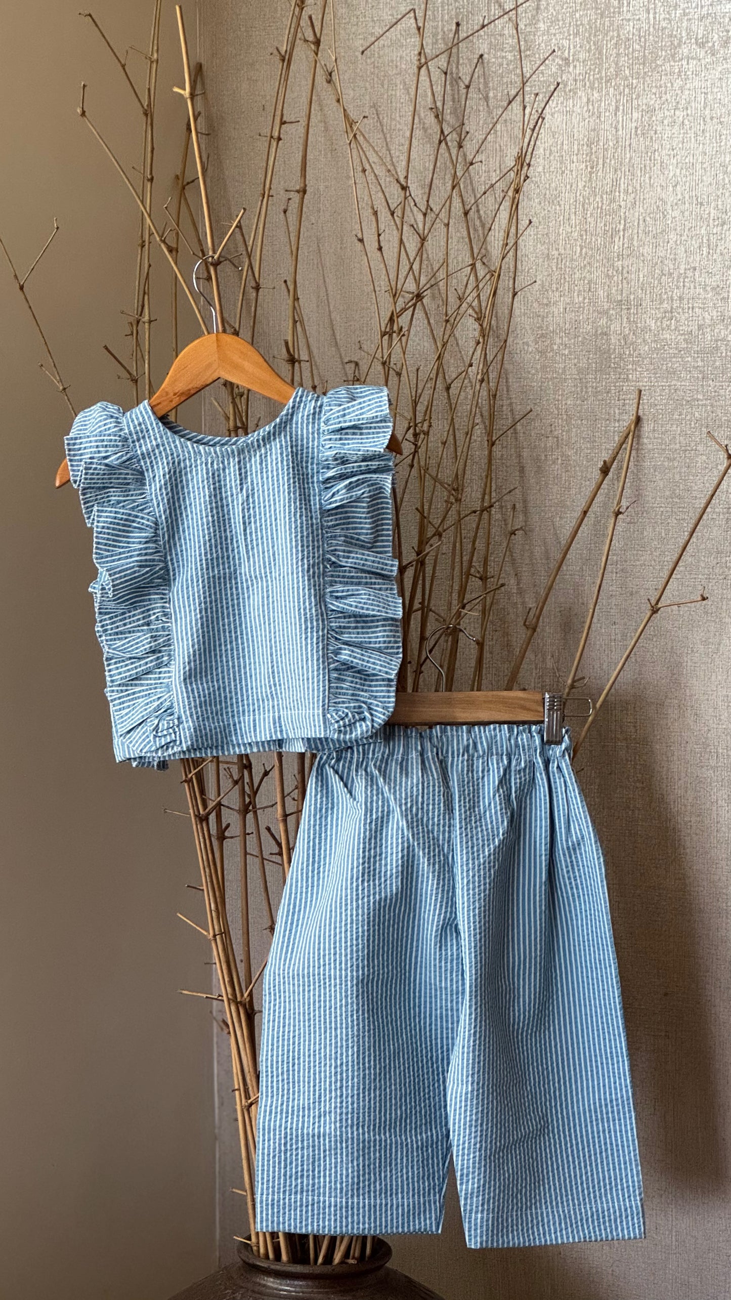 Light Blue Striped Cotton Co-ord Set for Girls – Ruffled Top & Straight Pants