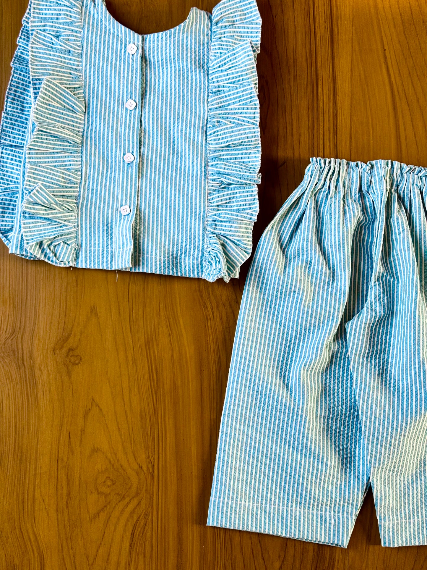 Light Blue Striped Cotton Co-ord Set for Girls – Ruffled Top & Straight Pants