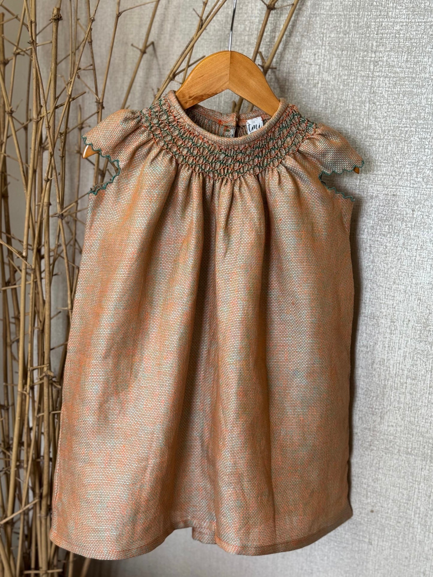 Linen Hand-Smocked Dress for girls – Orange & Teal Thread Weave