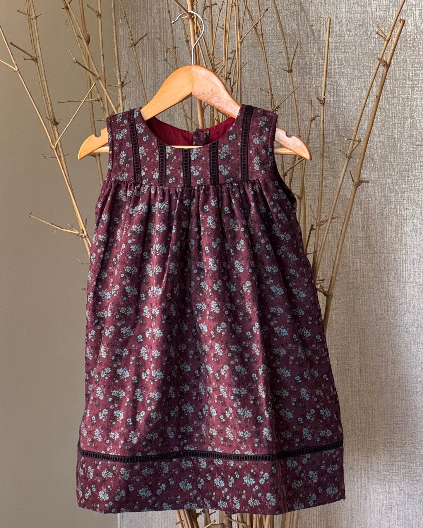Vintage Wine Red Floral Corduroy Dress for Girls