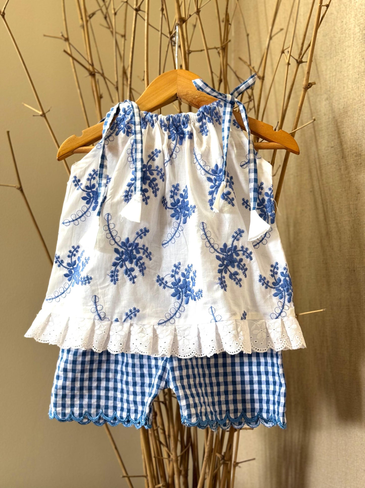 White & Blue Embroidered Cotton Top & Gingham Shorts Set