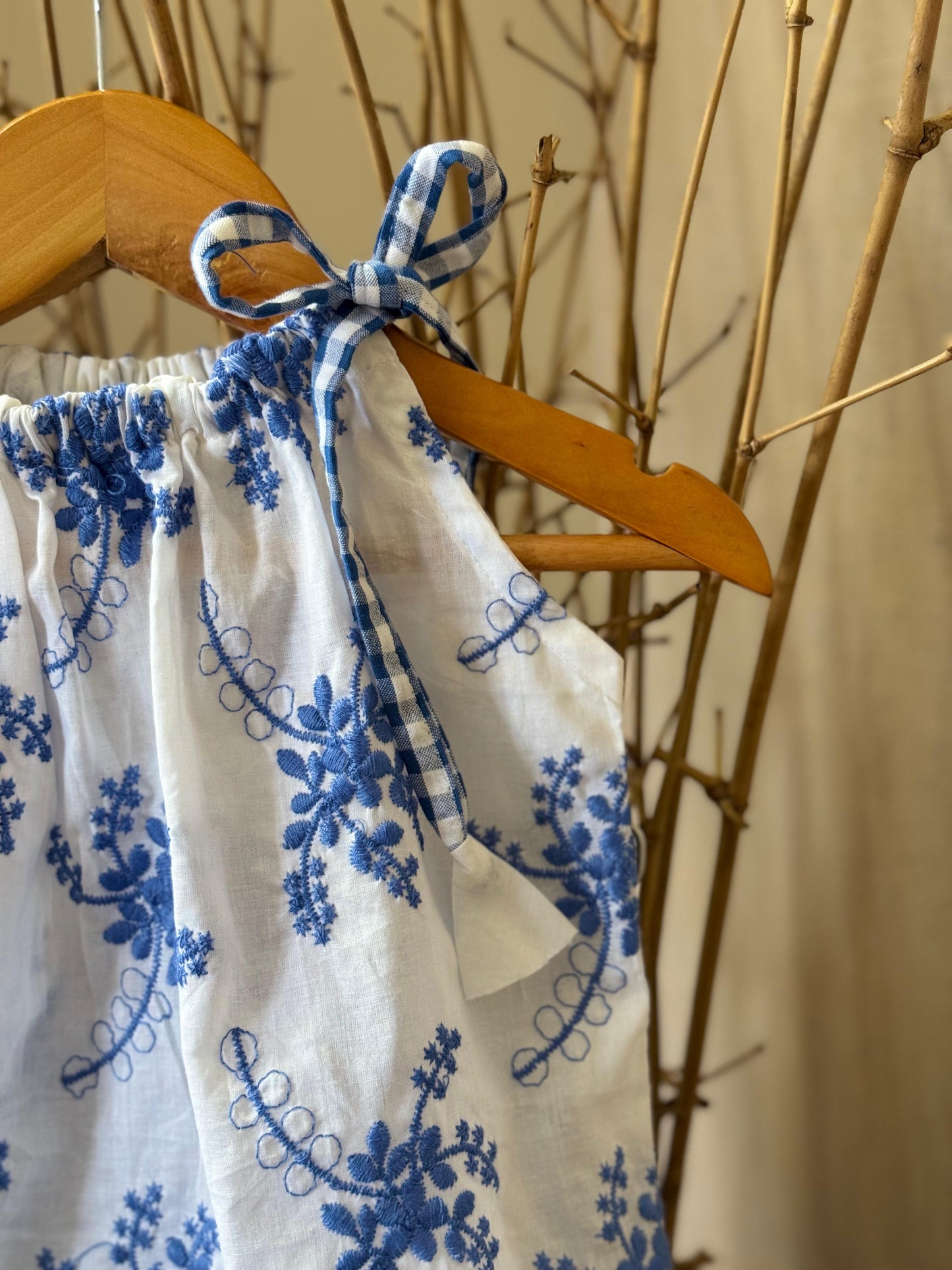 White & Blue Embroidered Cotton Top & Gingham Shorts Set