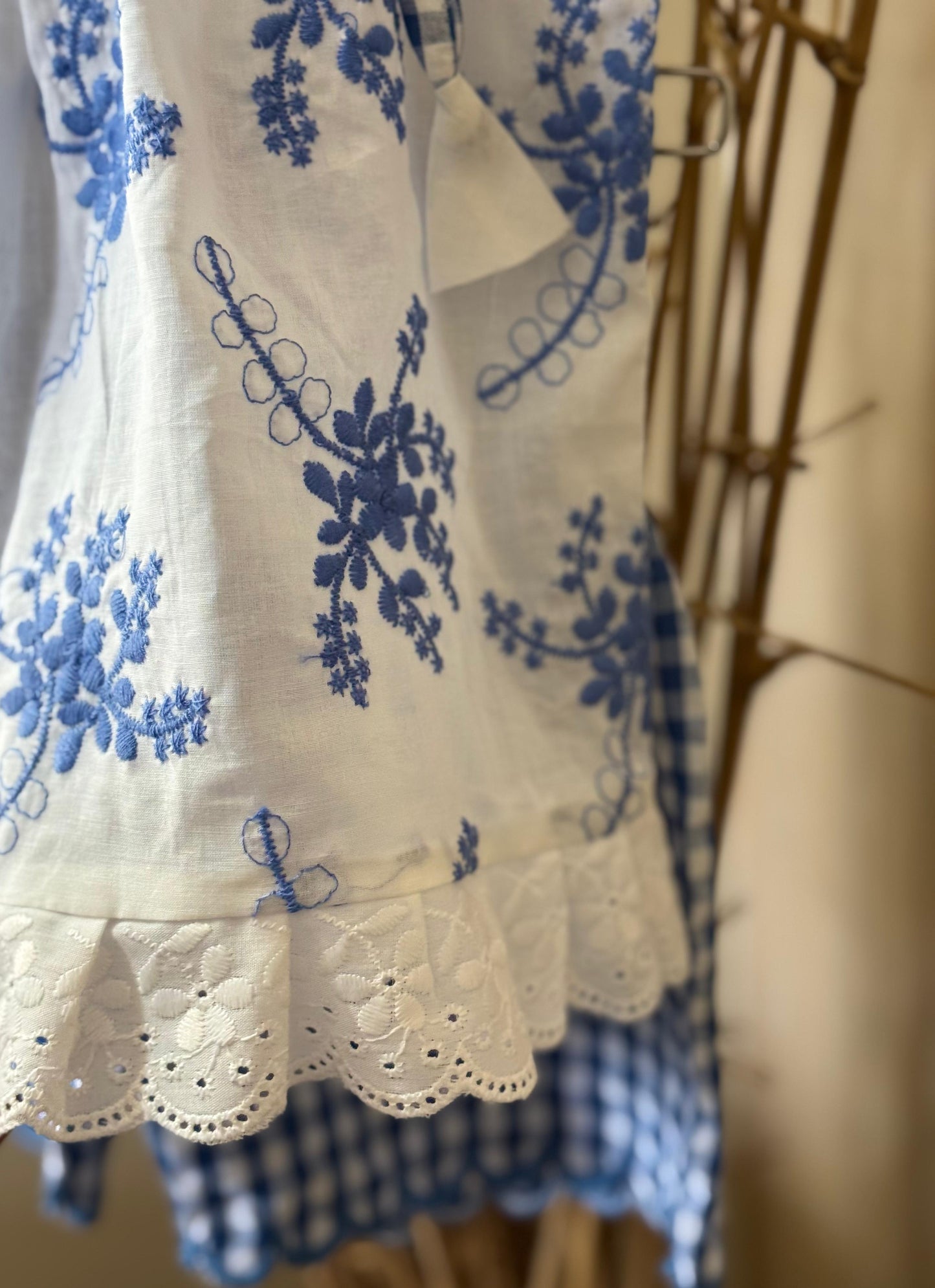 White & Blue Embroidered Cotton Top & Gingham Shorts Set
