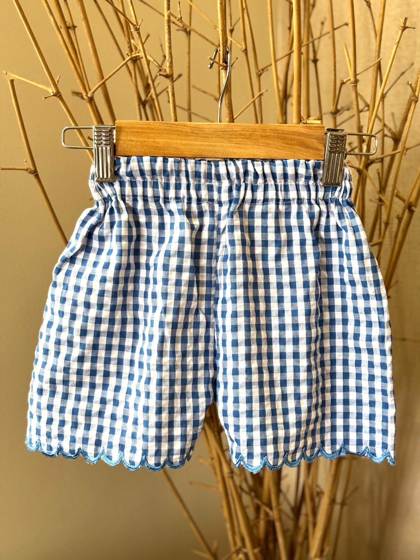 White & Blue Embroidered Cotton Top & Gingham Shorts Set