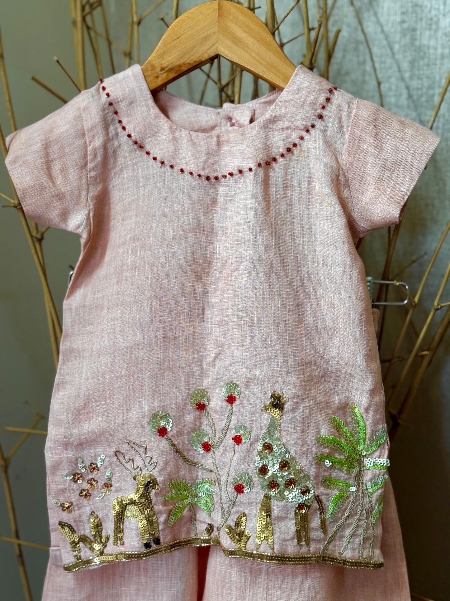 Jungle Safari Embroidered Linen Set – Light Salmon Pink