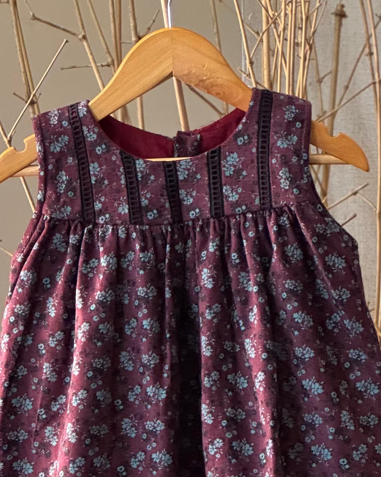 Vintage Wine Red Floral Corduroy Dress for Girls