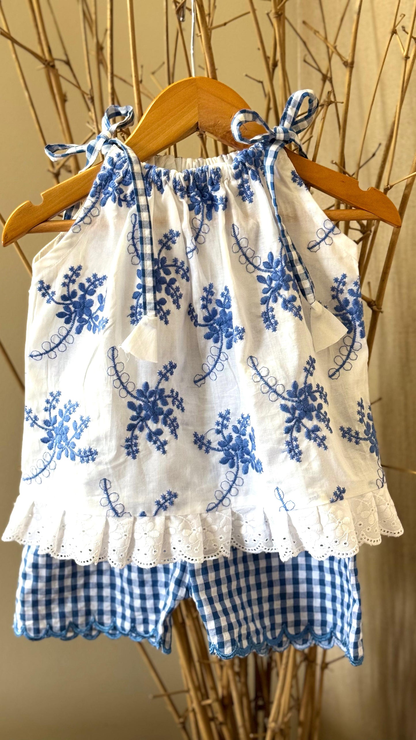 White & Blue Embroidered Cotton Top & Gingham Shorts Set