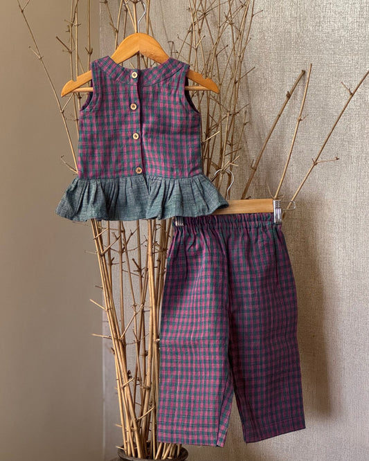 Girls’ Checkered Khadi Handwoven Co-ord Set – Peplum Top & Straight Pants