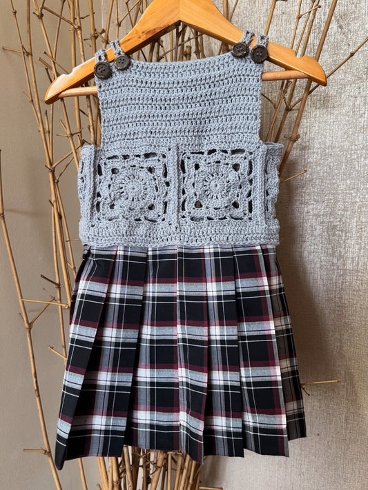 Handwoven Crochet & Plaid Dress for Girls