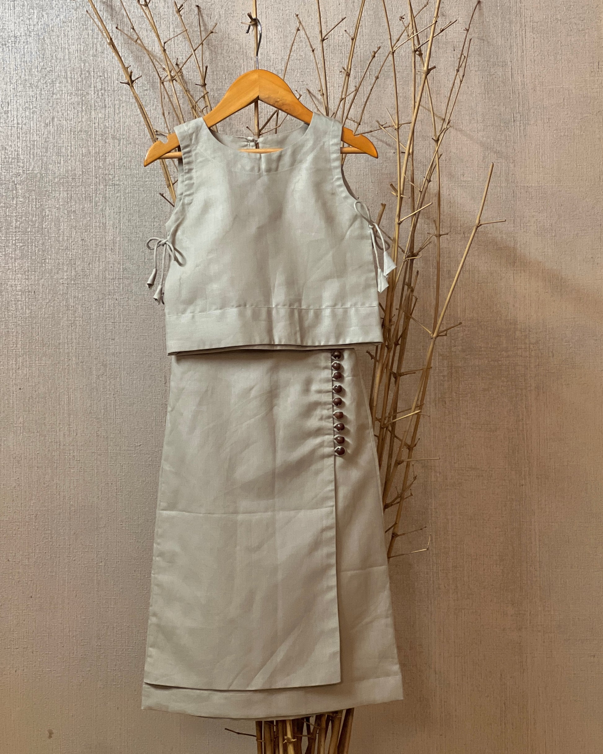 Linen Co-ord Set for Girls – Beige Sleeveless Top Wrap Skirt
