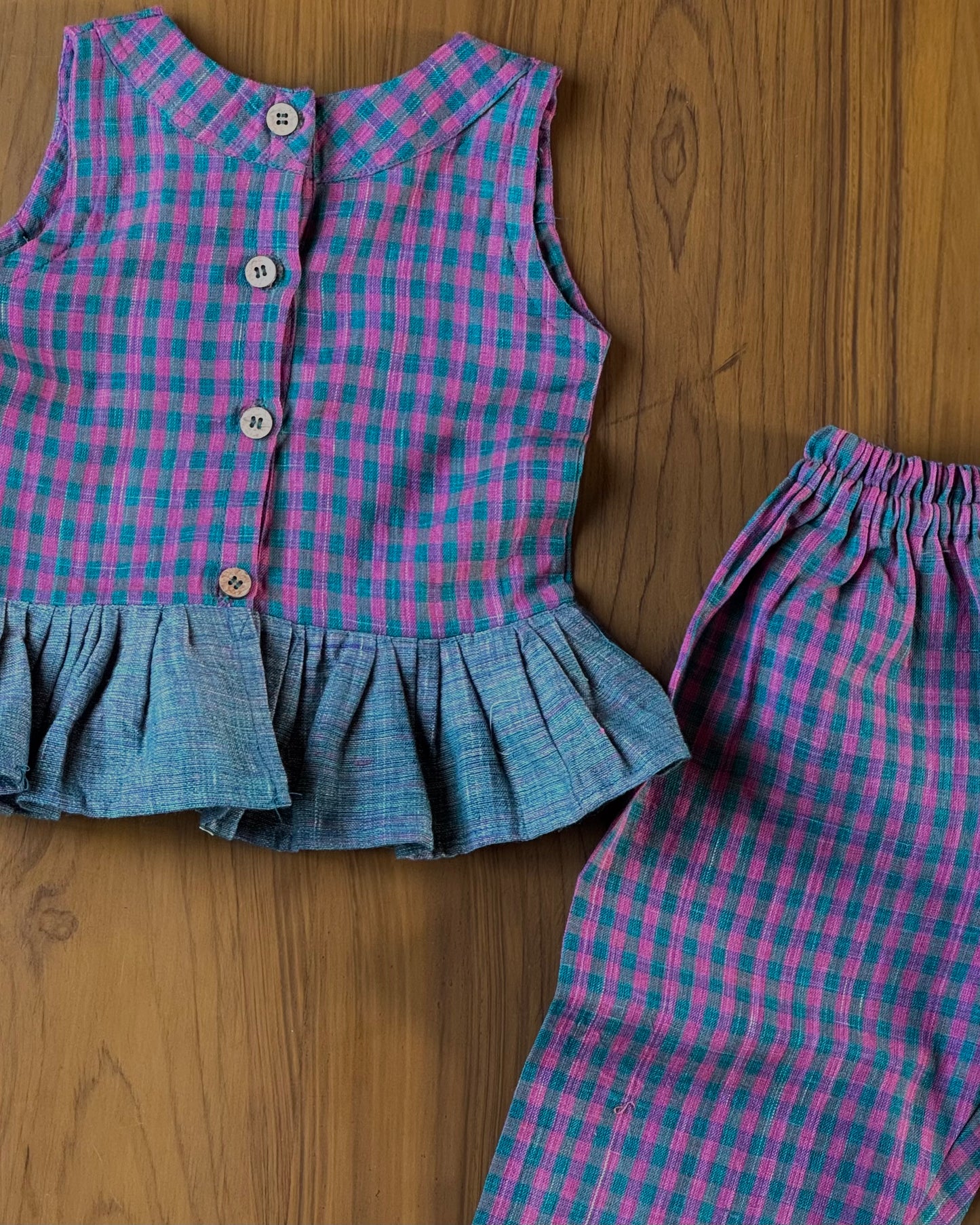 Checkered Khadi Handwoven Co-ord Set for Girls – Peplum Top & Straight Pants