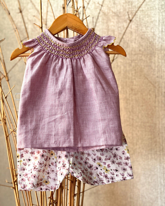 HandSmocked Linen Top & Floral Cotton Shorts Set