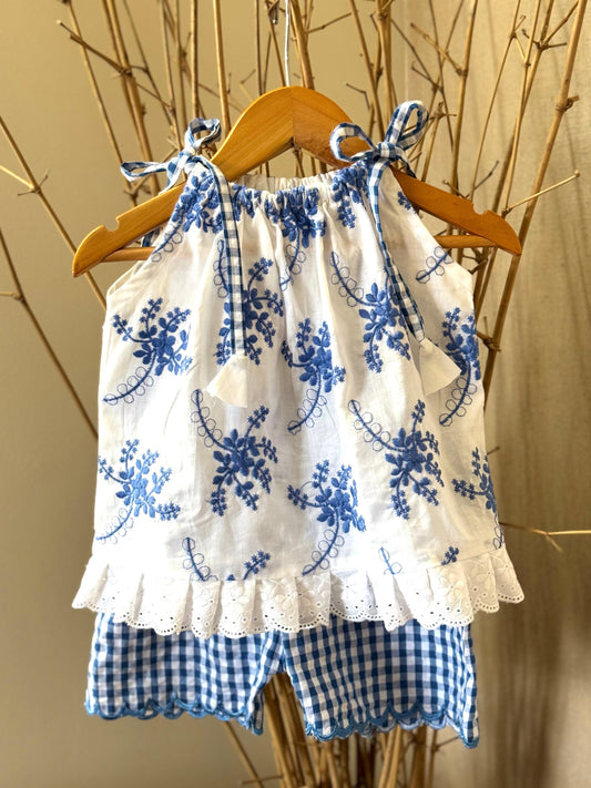 White & Blue Embroidered Cotton Top & Gingham Shorts Set