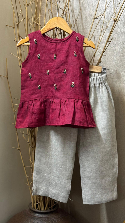 red and beige linen set for girls
